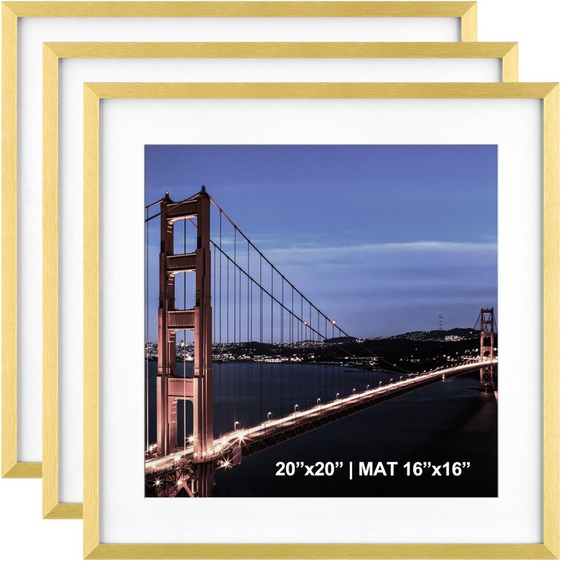 Yaetm 20x20 Gold Picture Frame Matted to 16x16, Set of 3, Thin Large Square Frame for Gallery Wall Display, Hanging Hardware Included (3 Pack, Gold) - Image 1