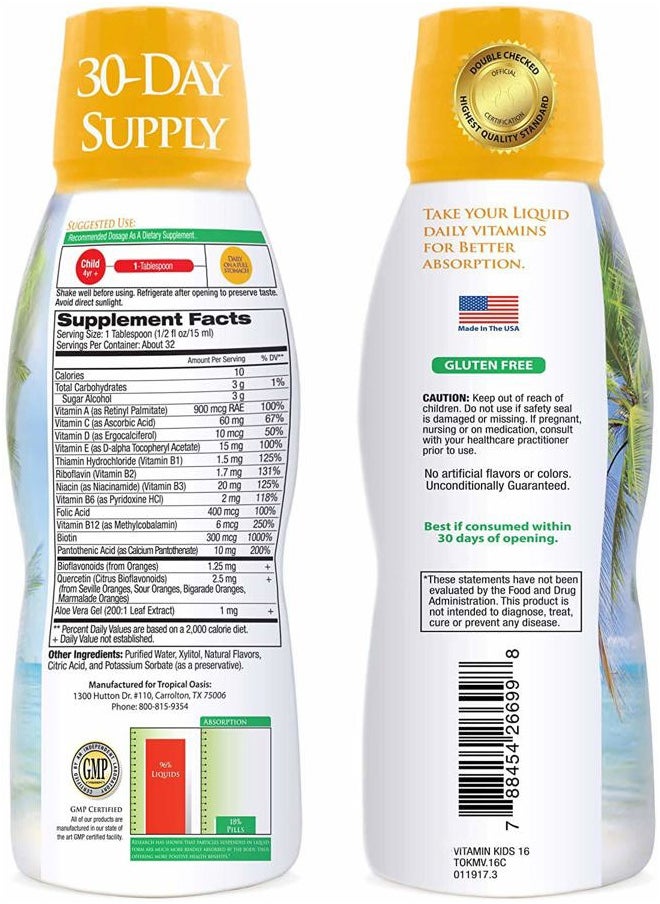 Tropical Oasis - Premium Liquid Multivitamin For Kids | Sugar Free Kids Vitamins | 100% DV of 14 Vitamins for Kids | Multivitamin for Children Ages 4+ | Great Tasting, Non-GMO, Max 98% Absorption Rate- 16 oz, 32 Serv - Image 1