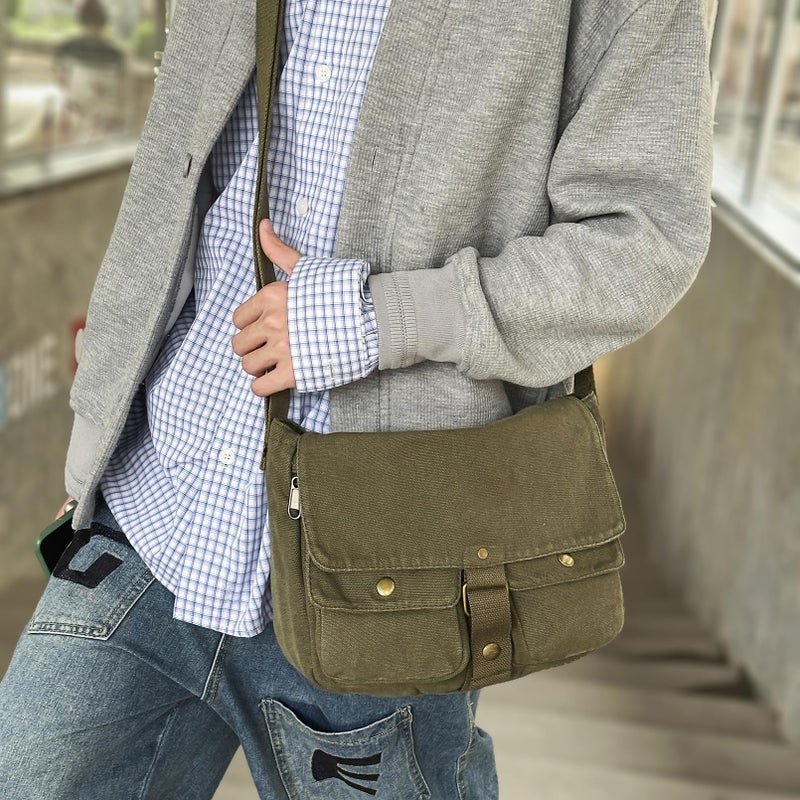 AFGWK School Vintage Canvas Messenger Bag for Men Crossbody Shoulder Bag Satchel Handbags(Green) - Image 2