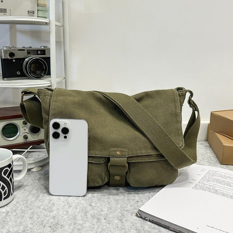 AFGWK School Vintage Canvas Messenger Bag for Men Crossbody Shoulder Bag Satchel Handbags(Green) - Image 3