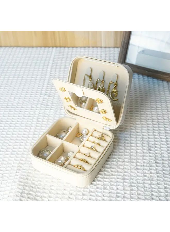 صندوق مجوهرات سفر أبيض مع مرآة للنساء والفتيات - مخزن منظم محمول - Image 1