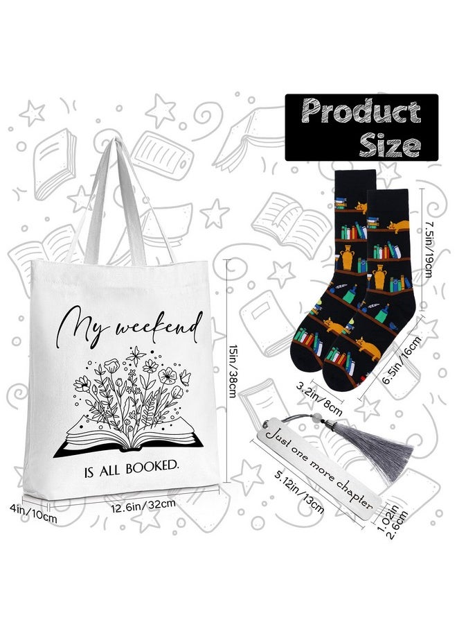 Sieral Sieral Sets of 4 Book Lovers Gifts Teacher Gifts Includes Novelty Socks 12 oz Stainless Steel Wine Tumbler with Lid Library Canvas Tote Bag Bookmark Tassel for Reader Thanksgiving Christmas(Reading)  - Image 3