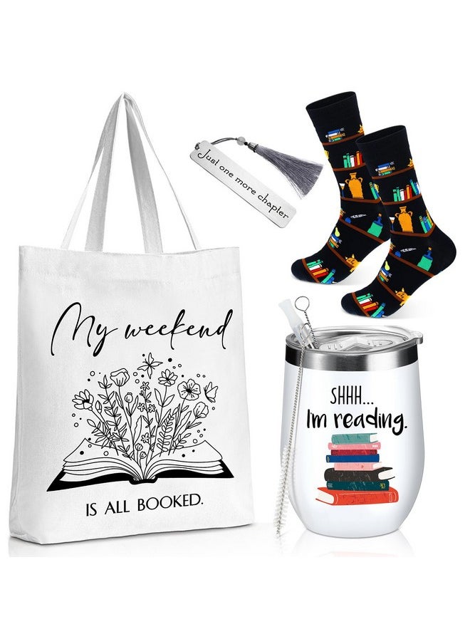 Sieral Sieral Sets of 4 Book Lovers Gifts Teacher Gifts Includes Novelty Socks 12 oz Stainless Steel Wine Tumbler with Lid Library Canvas Tote Bag Bookmark Tassel for Reader Thanksgiving Christmas(Reading)  - Image 1