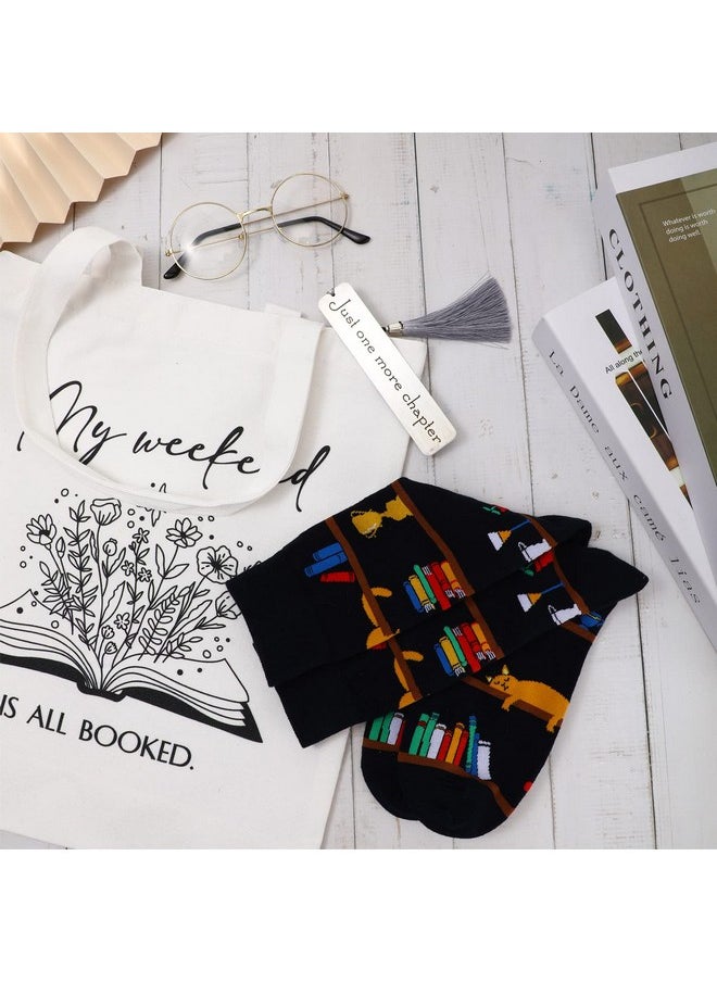 Sieral Sieral Sets of 4 Book Lovers Gifts Teacher Gifts Includes Novelty Socks 12 oz Stainless Steel Wine Tumbler with Lid Library Canvas Tote Bag Bookmark Tassel for Reader Thanksgiving Christmas(Reading)  - Image 5