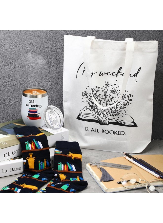 Sieral Sieral Sets of 4 Book Lovers Gifts Teacher Gifts Includes Novelty Socks 12 oz Stainless Steel Wine Tumbler with Lid Library Canvas Tote Bag Bookmark Tassel for Reader Thanksgiving Christmas(Reading)  - Image 4