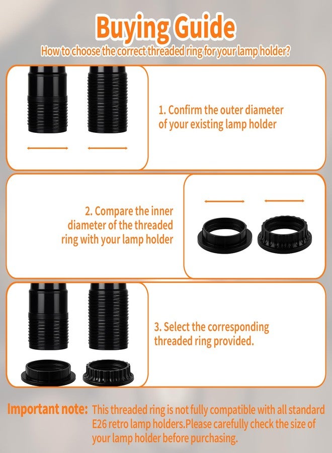 Pretwad 6 PCS E26 Lamp Shade Rings - E26 Light Socket Shade Rings Collar Ring, 2 Sizes Black Threaded Reducer Collar Ring 34mm (1-3/8") & 39mm (1-1/2") for Light Socket, Hanging Lamp Holder Parts - Image 5
