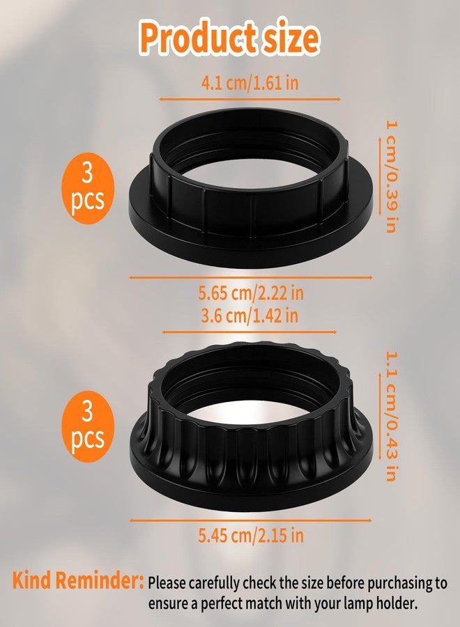 Pretwad 6 PCS E26 Lamp Shade Rings - E26 Light Socket Shade Rings Collar Ring, 2 Sizes Black Threaded Reducer Collar Ring 34mm (1-3/8") & 39mm (1-1/2") for Light Socket, Hanging Lamp Holder Parts - Image 2