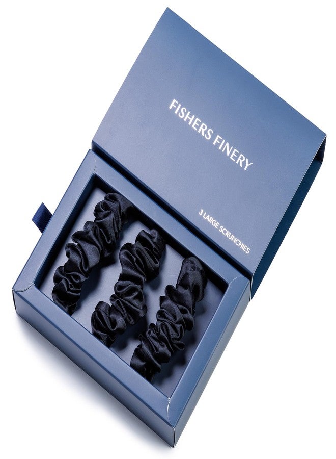 Fishers Finery 25 Momme 100% Pure Mulberry Silk Large Scrunchies, Hair Ties (Black, 3 Pk) - Image 1