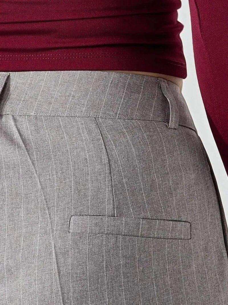 Hiccup Grey Striped Wide Leg Pleated Palazzo Pants for Women | Best Price UAE