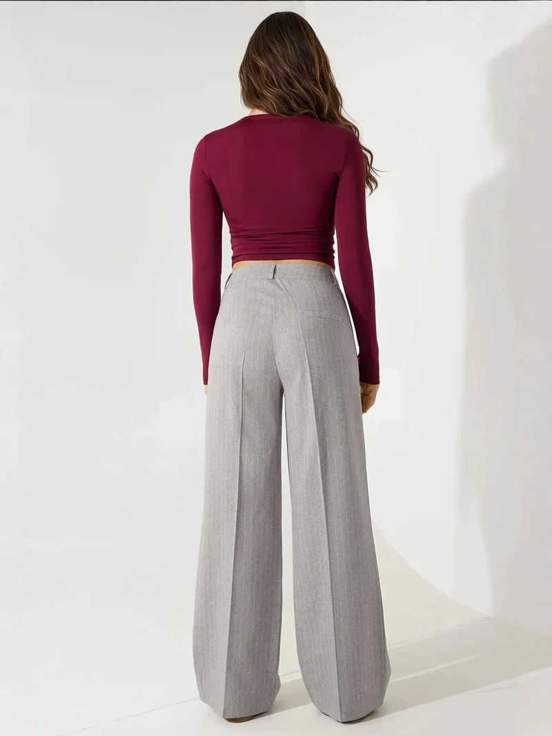 Hiccup Grey Striped Wide Leg Pleated Palazzo Pants for Women | Best Price UAE