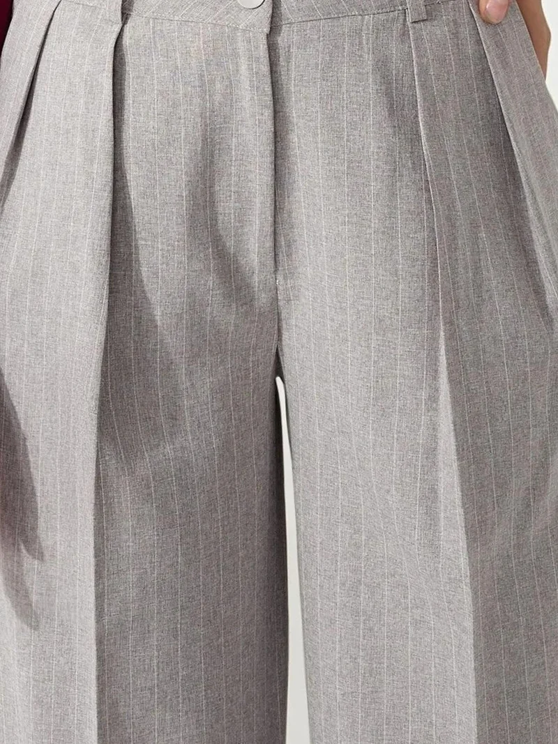 Hiccup Grey Striped Wide Leg Pleated Palazzo Pants for Women | Best Price UAE