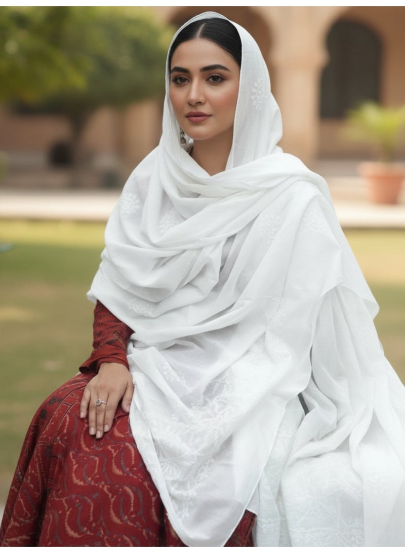 Alaya Chikankari Hand Embroidered Cotton Dupatta-AL4092 - Image 1