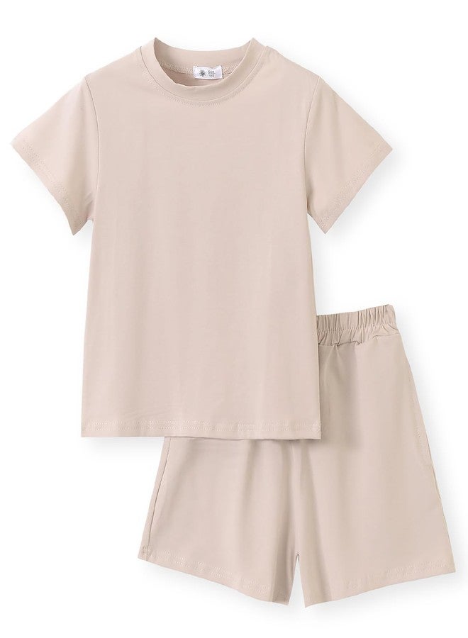 ACESTAR Toddler Baby Boys Girls Summer Clothes Set - Cotton Solid Plain Short Sleeve T-Shirt Tops + Shorts Cute Outfits Set (Beige,100/2T-3T) - Image 1