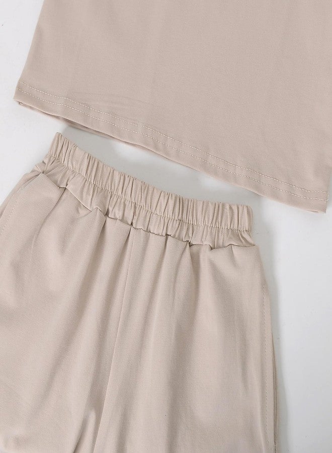 ACESTAR Toddler Baby Boys Girls Summer Clothes Set - Cotton Solid Plain Short Sleeve T-Shirt Tops + Shorts Cute Outfits Set (Beige,100/2T-3T) - Image 5