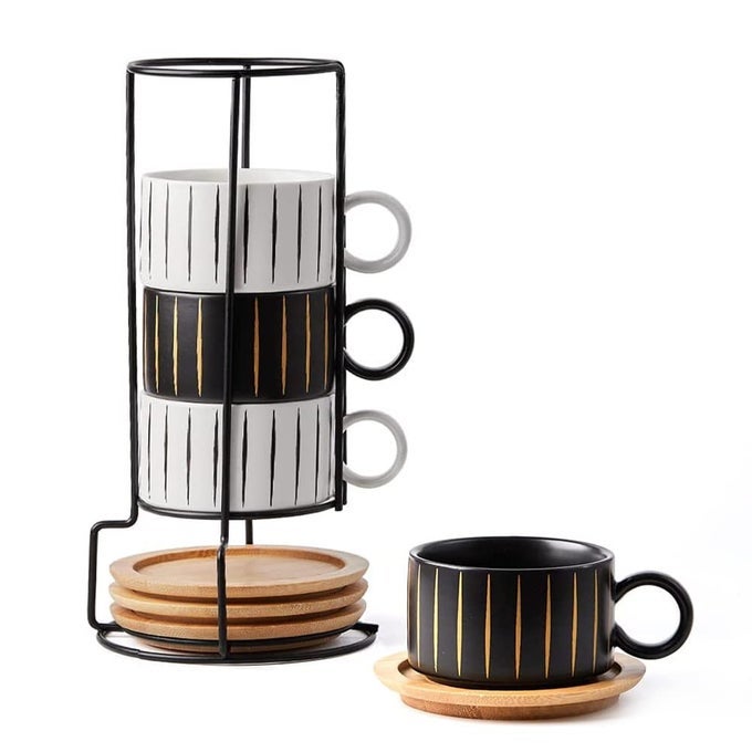 PORCELAIN ESPRESSO CUP WITH SAUCER AND METAL STAND 6 OUNCE STACKABLE CERAMIC DEMITASSE ESPRESSO MUGS CAPPUCCINO CUPS SET FOR LATTECOFFEECAFE MOCHATEASET OF 4