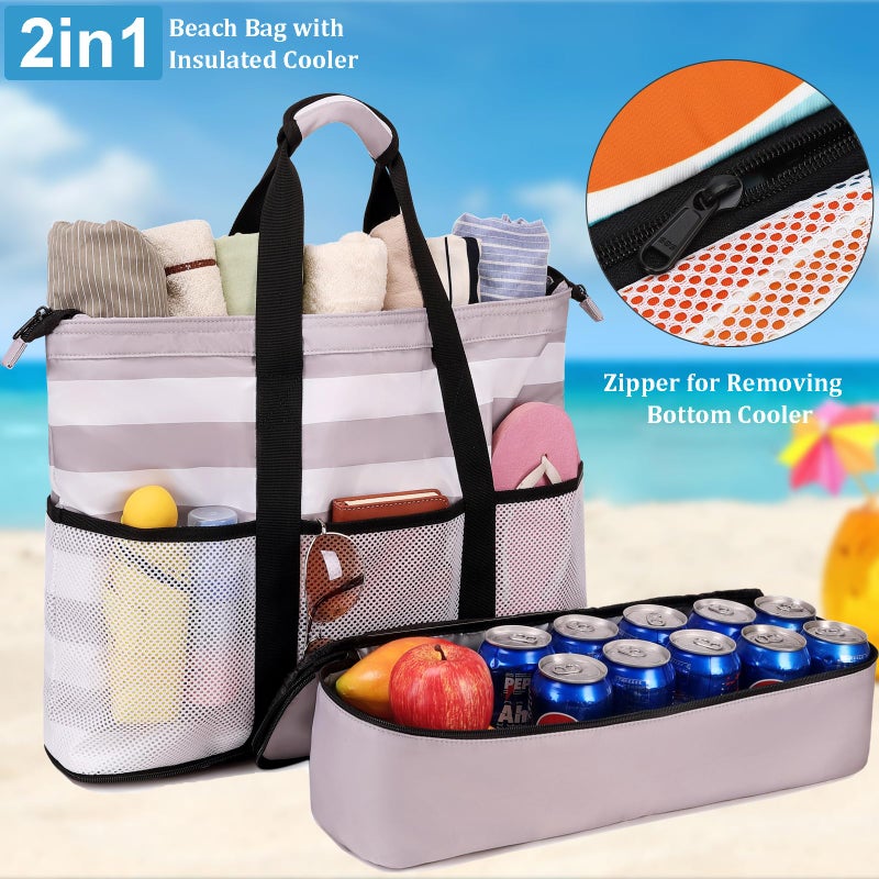 JIANYA Beach Bag Women Waterproof Sandproof Beach Tote Bags with Cooler Top Zipper Large Totes for Beach Pool Travel Daily, Shallow coffee - Image 2