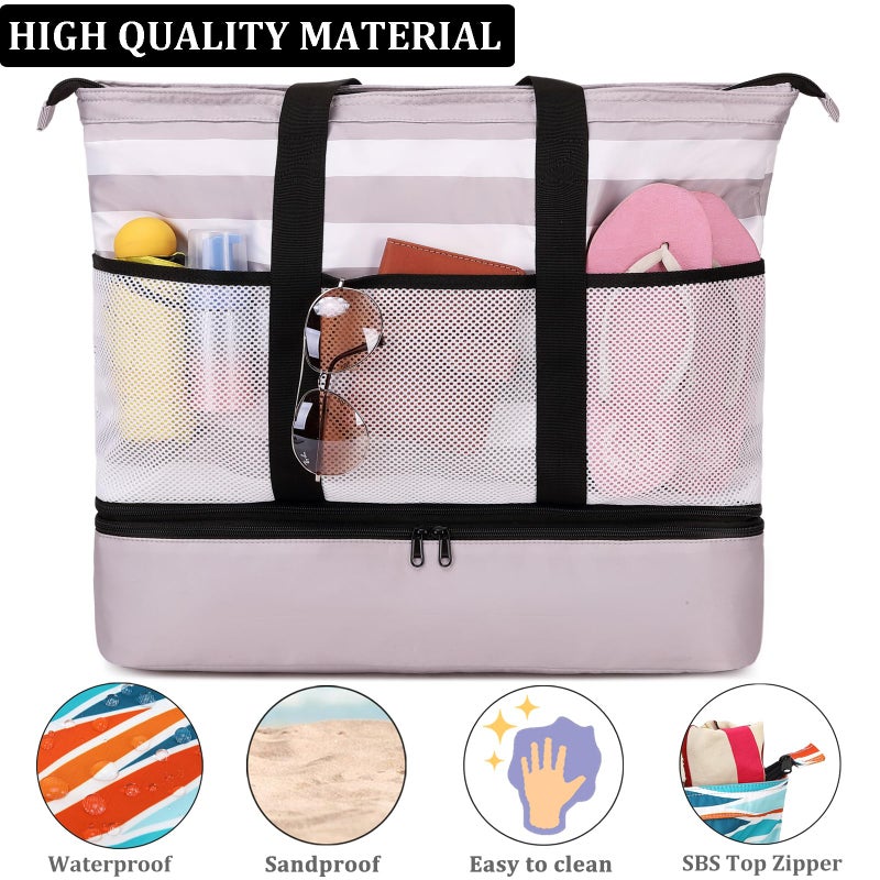 JIANYA Beach Bag Women Waterproof Sandproof Beach Tote Bags with Cooler Top Zipper Large Totes for Beach Pool Travel Daily, Shallow coffee - Image 4