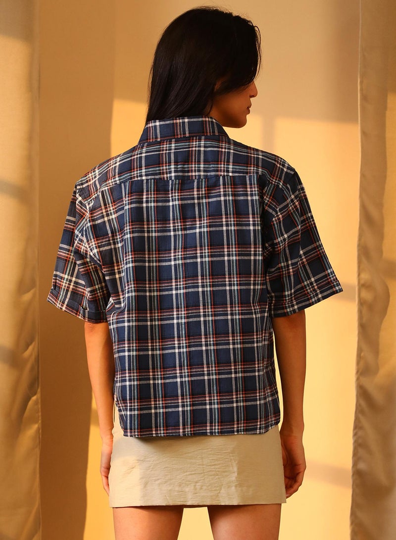 PINACOLADA Women's Navy Blue Tartan Plaid Boxy Shirt  - Image 5
