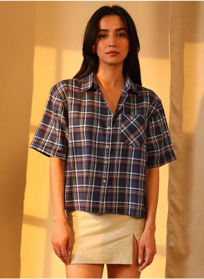 PINACOLADA Women's Navy Blue Tartan Plaid Boxy Shirt