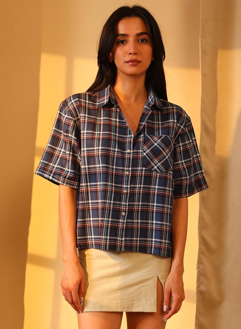 PINACOLADA Women's Navy Blue Tartan Plaid Boxy Shirt  - Image 2