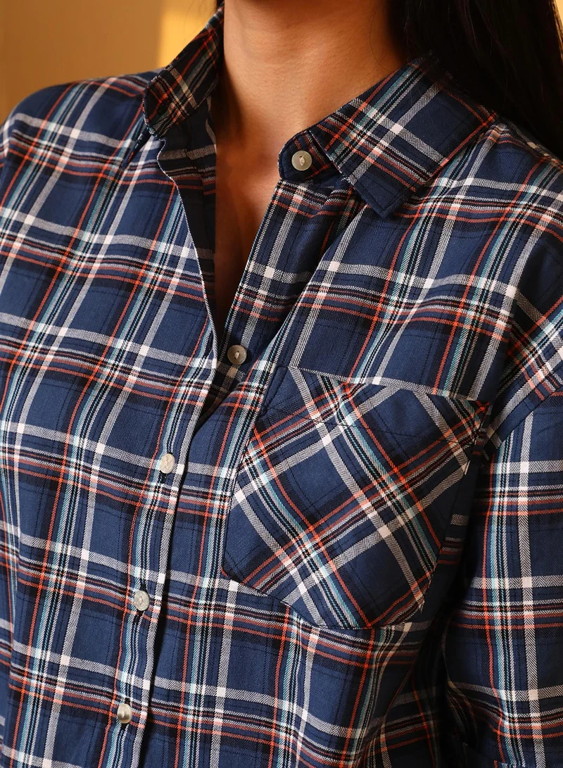 PINACOLADA Women's Navy Blue Tartan Plaid Boxy Shirt For Casual Wear | Spread Collar | Short Sleeve | Button Closure | Shirt Designed With Comfortable Fit For Woman & Girls