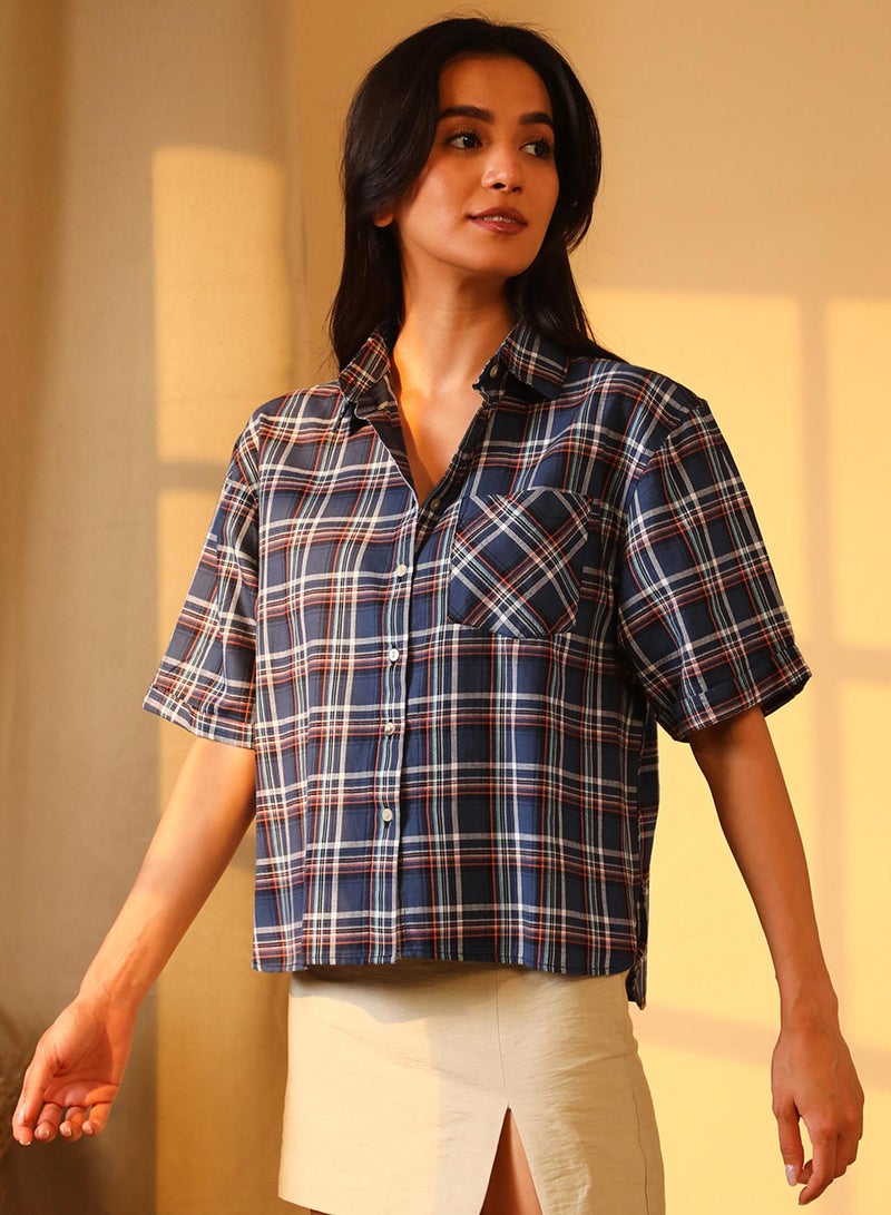 PINACOLADA Women's Navy Blue Tartan Plaid Boxy Shirt  - Image 3