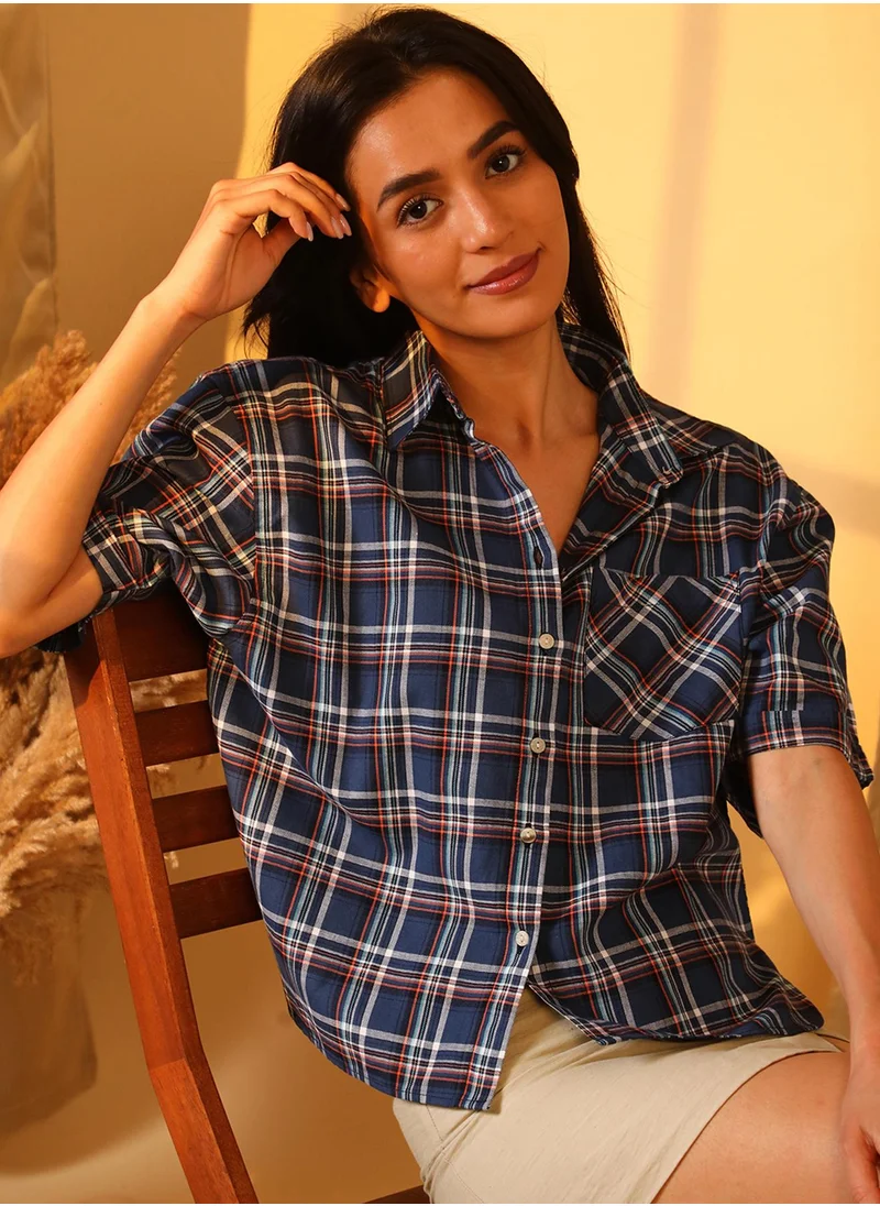 PINACOLADA Women's Navy Blue Tartan Plaid Boxy Shirt
