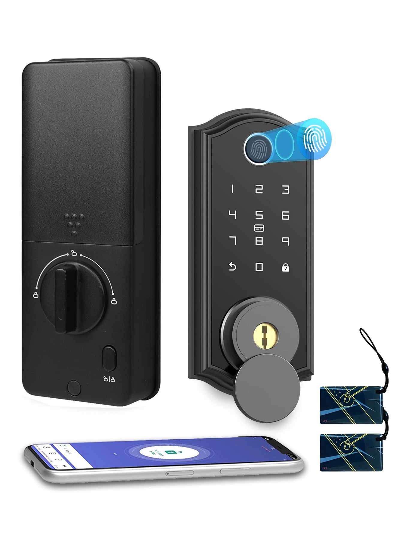 Keyless Entry Door Lock, Smart Deadbolt with Bluetooth, Biometric Fingerprint and Keypad, Smart Door Lock App Control, Ekeys Sharing, Keys, Auto Lock for Home, Apartments, Black 