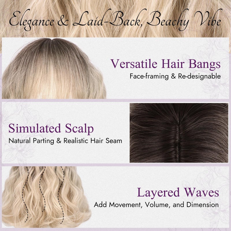 BARSDAR Blonde Ombre Short Wavy Wig with Bangs - Short Wavy Blonde Ombre Wig for Women - Fluffy Soft Synthetic Dark Roots Curly Textured French Bob Wigs with Bangs Natural Looking Face-Framing - Image 4