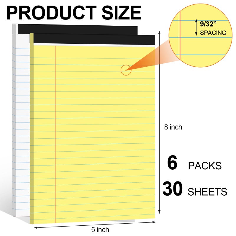 Utron 6 PCS Small Legal Pads 5x8 Yellow and White, Narrow Ruled Small Note Pads, Micro Perforated Writing Pad, College Ruled Legal Notepads 5x8 for Study, Office, To-Do Lists(30 Sheets/Small Notepad) - Image 2