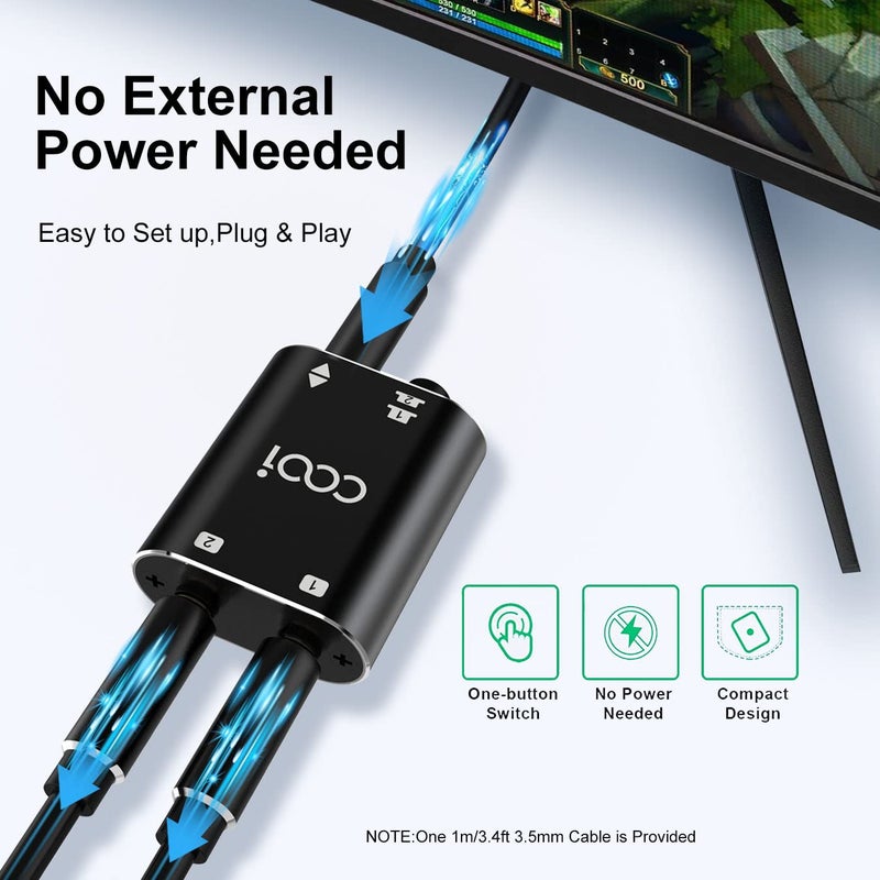 COOIDEA 3.5mm Stereo Audio Switcherï¼ˆ1 in 2 Out /2 in 1 Outï¼‰ with 3.5mm Audio Cable, 2 Ports AUX Audio Speaker Selector for PC Phone Laptop Headphone - Image 4
