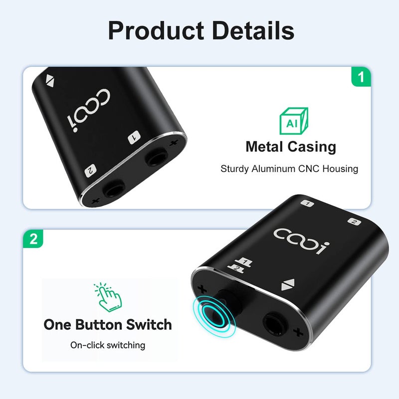 COOIDEA 3.5mm Stereo Audio Switcherï¼ˆ1 in 2 Out /2 in 1 Outï¼‰ with 3.5mm Audio Cable, 2 Ports AUX Audio Speaker Selector for PC Phone Laptop Headphone - Image 3