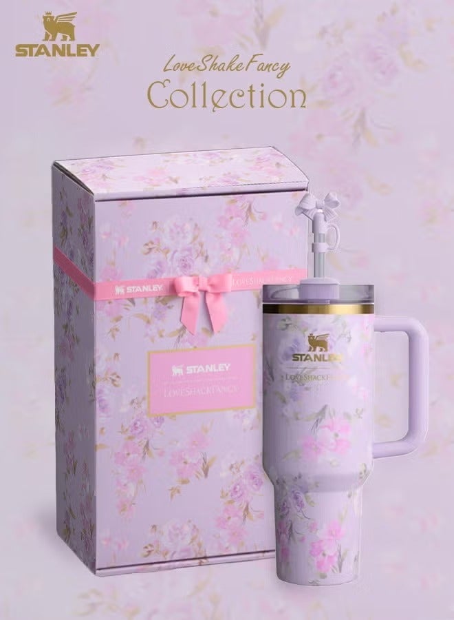Stanley Stanley Love Shack Fancy H2.0 Flow State 40oz Purple Rose Tumbler, Stainless Steel Vacuum Insulated Quencher with Lid, Straw, and Stopper, Ideal for Water and Iced Tea, Keeps Drinks Cold, Presented in Elegant Gift-Ready Packaging - Image 1
