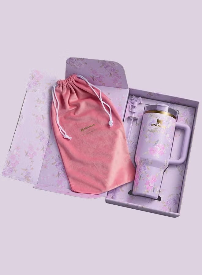 Stanley Stanley Love Shack Fancy H2.0 Flow State 40oz Purple Rose Tumbler, Stainless Steel Vacuum Insulated Quencher with Lid, Straw, and Stopper, Ideal for Water and Iced Tea, Keeps Drinks Cold, Presented in Elegant Gift-Ready Packaging - Image 4