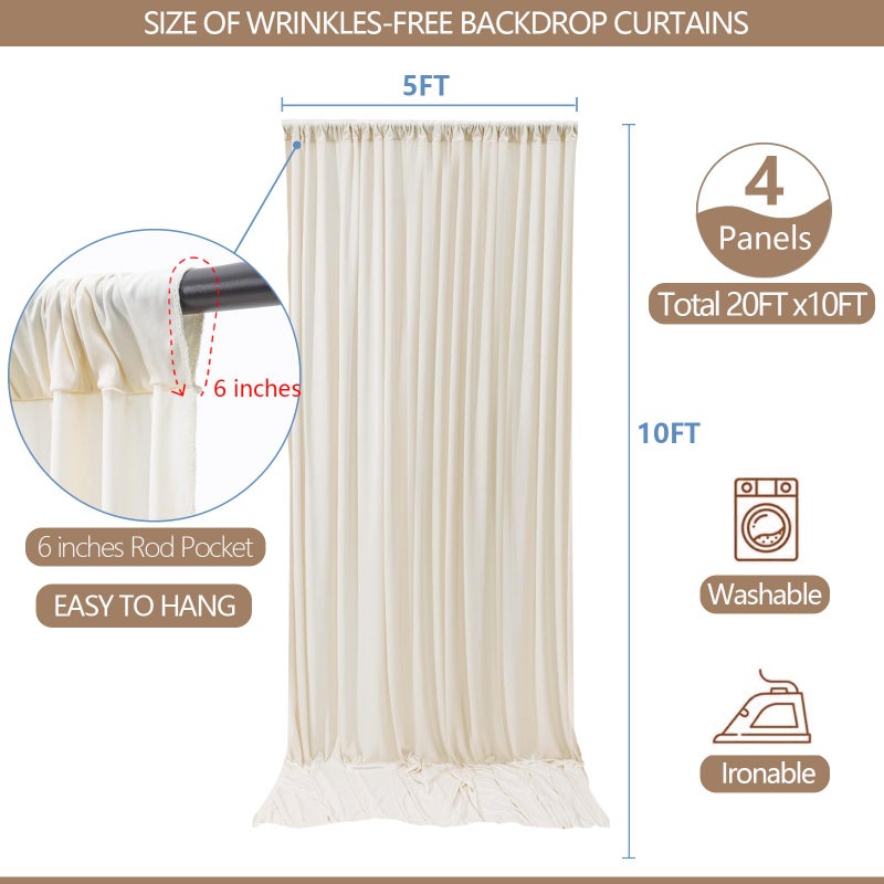 ESGOTBME 20x10ft Wrinkle Free Ivory Backdrop Curtain for Parties Soft Fabric Drapes Wedding Ivory Curtain Backdrop for Birthday Party Decorations Background for Photography 5x10ft,4 Panels - Image 3