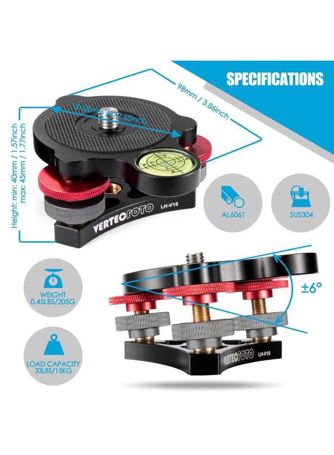 VERTECFOTO 【Upgraded+】 Tripod Leveling Base :Support 1/4" and 3/8" Both on top and Bottom， Bigger Bubble Level w/Crosshair, Fine Leveling Faster; Enlarged Lock knobs, Lock Easier,; Max Load 33 Ib - Image 5
