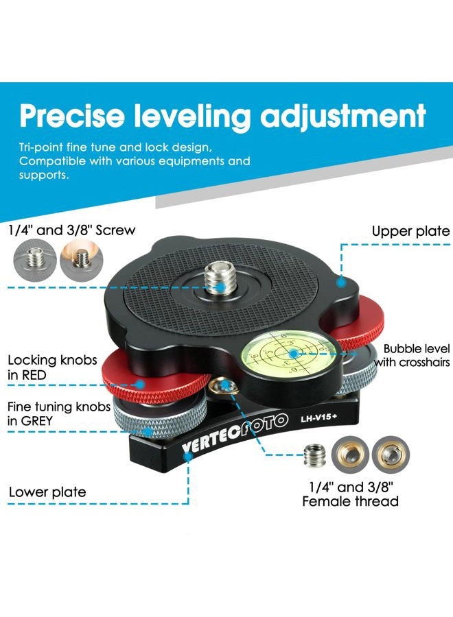 VERTECFOTO 【Upgraded+】 Tripod Leveling Base :Support 1/4" and 3/8" Both on top and Bottom， Bigger Bubble Level w/Crosshair, Fine Leveling Faster; Enlarged Lock knobs, Lock Easier,; Max Load 33 Ib - Image 2