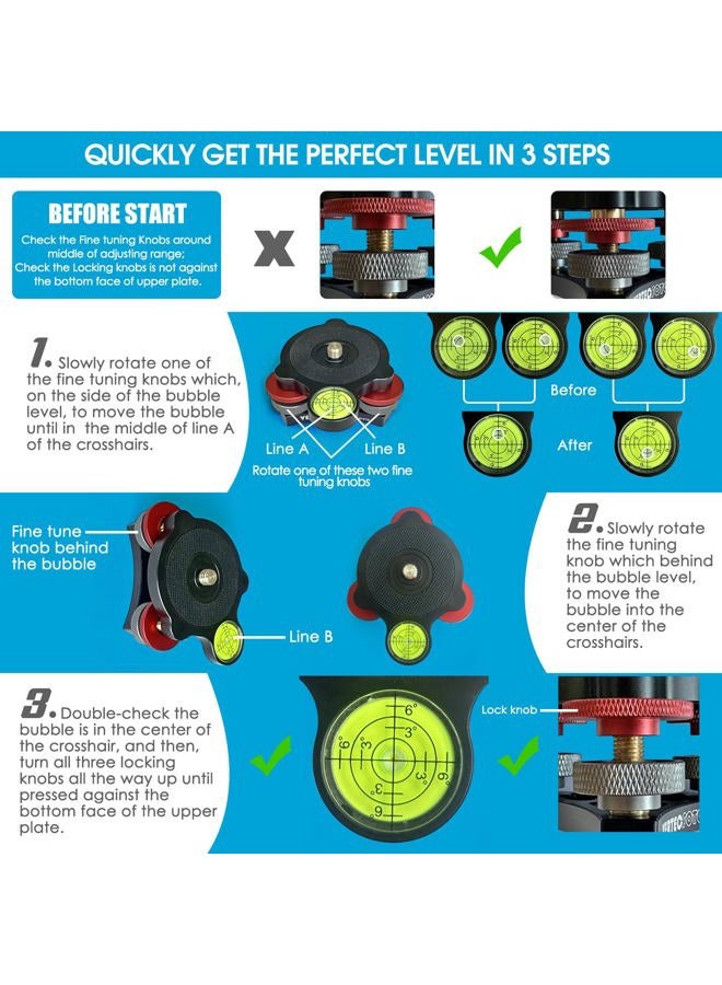 VERTECFOTO 【Upgraded+】 Tripod Leveling Base :Support 1/4" and 3/8" Both on top and Bottom， Bigger Bubble Level w/Crosshair, Fine Leveling Faster; Enlarged Lock knobs, Lock Easier,; Max Load 33 Ib - Image 3