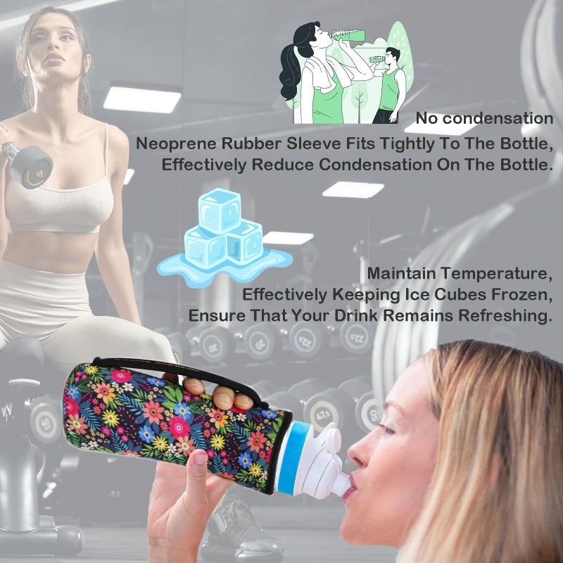 Sleilin 22Oz Cute Printed Sleeve Compatible With Cirkul Water Bottle For Plastic And Stainless Steel Bottles 22Oz Neoprene Sweat-Wicking Material Insulated Cover Designed With Handles (Pink Flower) - Image 5