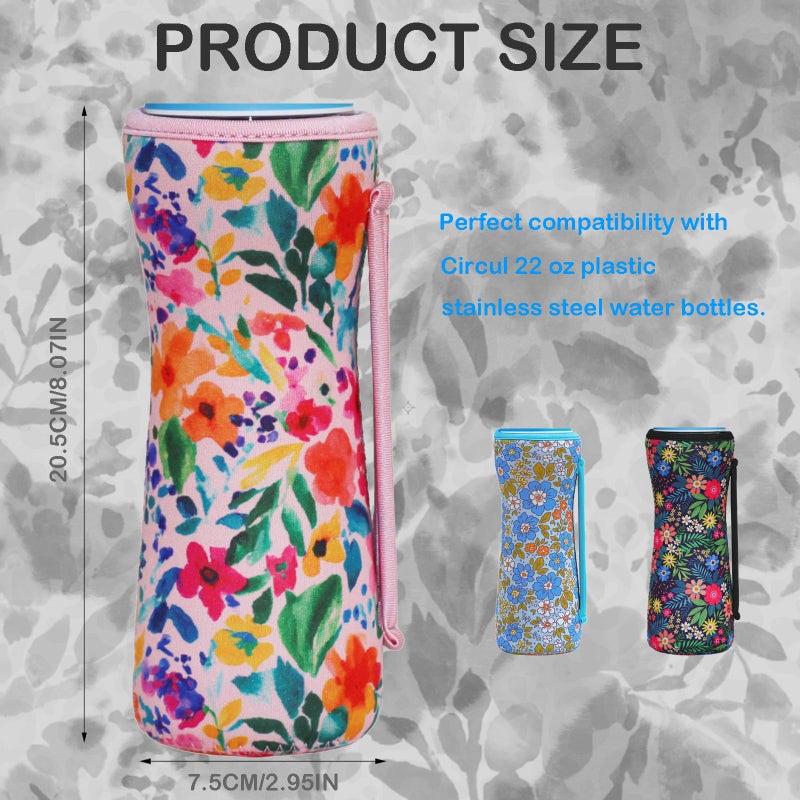 Sleilin 22Oz Cute Printed Sleeve Compatible With Cirkul Water Bottle For Plastic And Stainless Steel Bottles 22Oz Neoprene Sweat-Wicking Material Insulated Cover Designed With Handles (Pink Flower) - Image 3