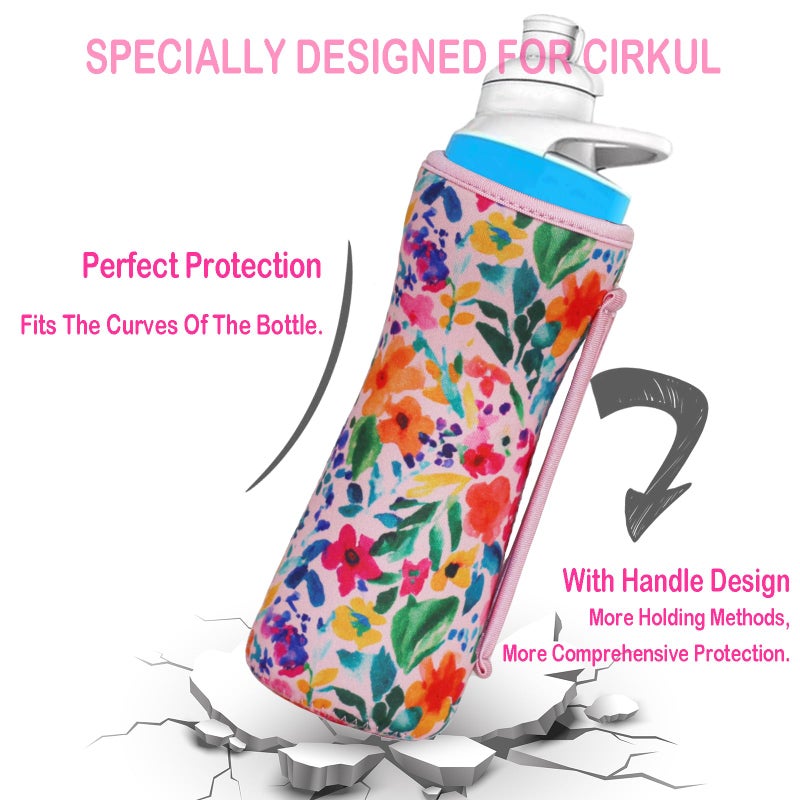 Sleilin 22Oz Cute Printed Sleeve Compatible With Cirkul Water Bottle For Plastic And Stainless Steel Bottles 22Oz Neoprene Sweat-Wicking Material Insulated Cover Designed With Handles (Pink Flower) - Image 4