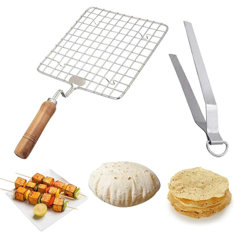 AADHIK AADHIK Premium Papad Jali with Tong, Paneer Grill, Roti Maker, Barbeque Jali Roaster Chapati Toast Grill Wooden Handle Vegetable tandoor net and chimta, Baigan Bharta, Masala Papad Maker 