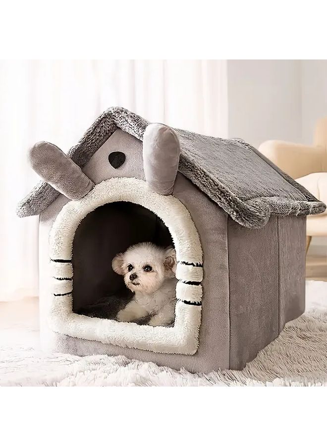 منزل حيوان أليف دافئ مع داخلي قطيفي رمادي ناعم سهل التركيب والتنظيف مقاس 17.32 × 14.17 × 15.35 بوصة مأوى داخلي للأرانب والجراء والقطط - Image 5