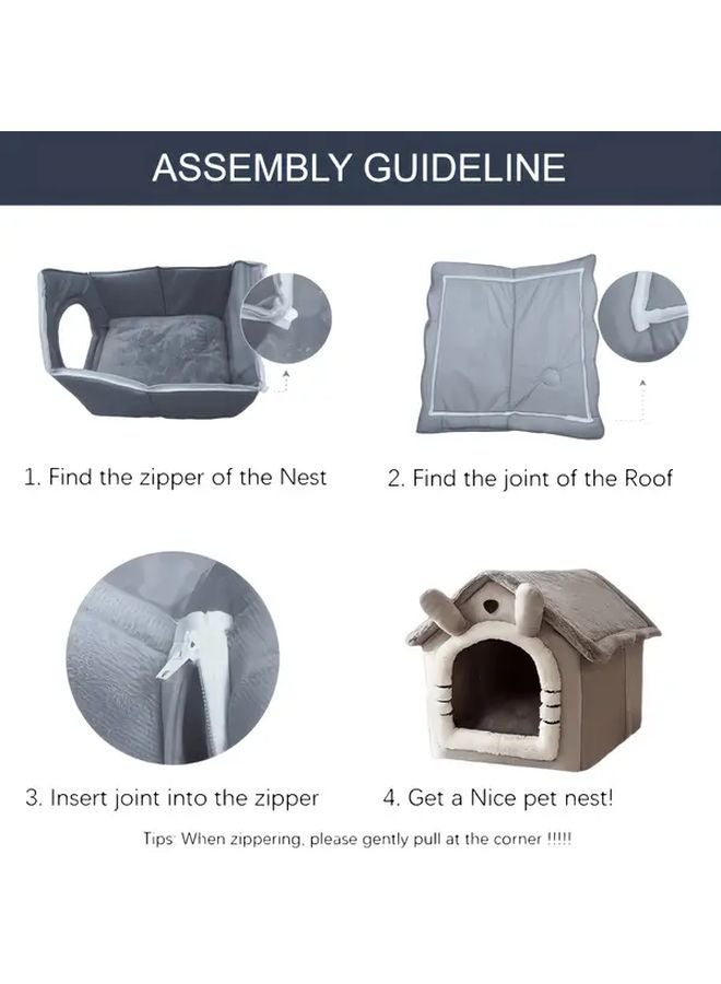 منزل حيوان أليف دافئ مع داخلي قطيفي رمادي ناعم سهل التركيب والتنظيف مقاس 17.32 × 14.17 × 15.35 بوصة مأوى داخلي للأرانب والجراء والقطط - Image 4