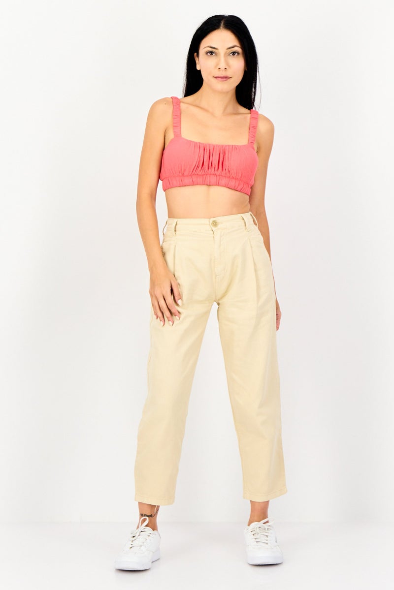 Bershka Women Balloon Fit Denim Straight Leg Pants, Beige - Image 3