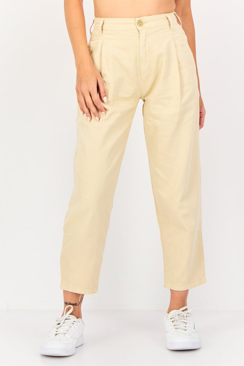 Bershka Women Balloon Fit Denim Straight Leg Pants, Beige - Image 1