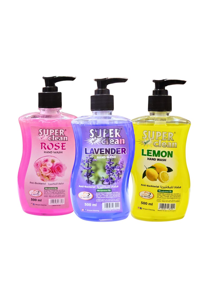 سوبر كلين غسول يدين 500 مل – عرض 3 عبوات بنكهات الورد، اللافندر، والليمون | 3 في 1 - Image 1