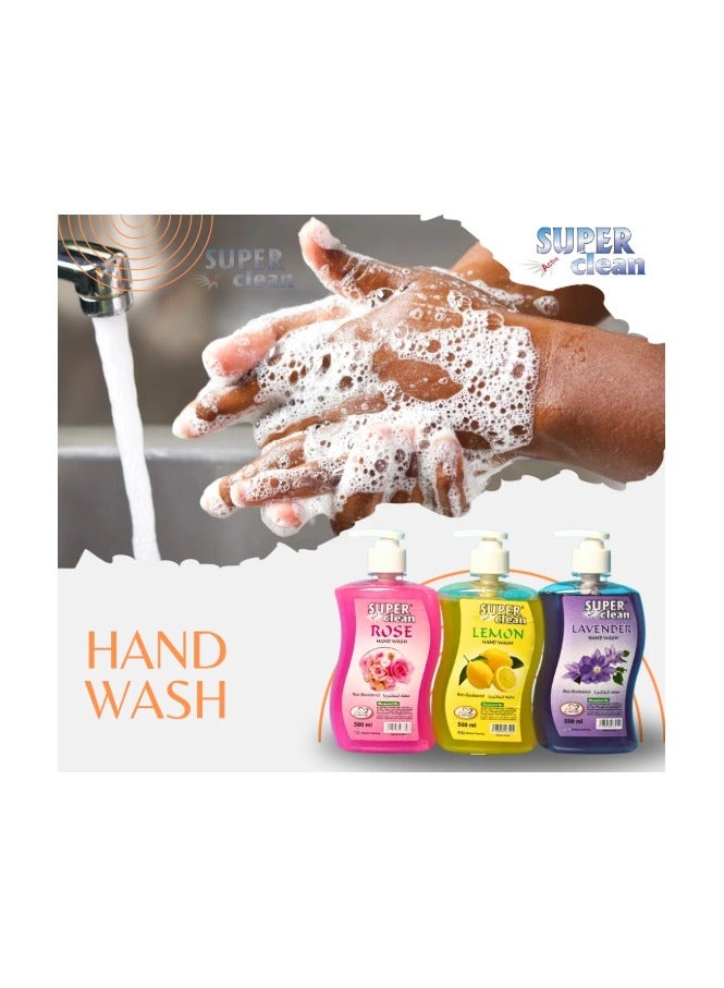 سوبر كلين غسول يدين 500 مل – عرض 3 عبوات بنكهات الورد، اللافندر، والليمون | 3 في 1 - Image 3
