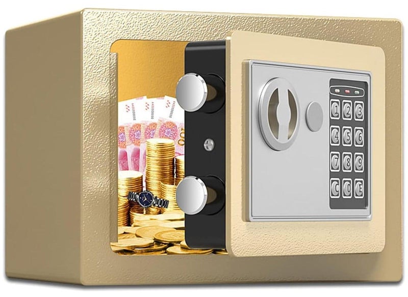 صندوق أمان رقمي مع لوحة مفاتيح إلكترونية - صندوق قفل فولاذي للنقود والمجوهرات وجوازات السفر والمستندات والحماية، مثالي للمنزل أو المكتب أو الفندق أو الأعمال أو السفر (9"x7"x7"، ذهبي) - Image 1