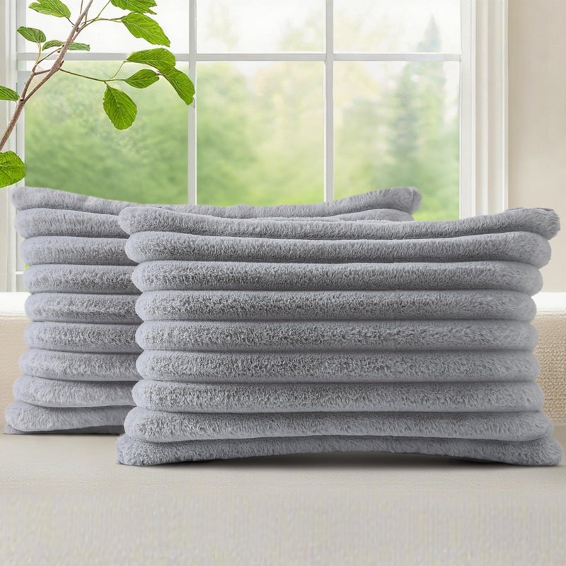 decorUhome Cozy Faux Fur Throw Pillow Covers 12x20 Set of 2 Decorative Soft Plush Striped Lumbar Modern Farmhouse Boho Couch Pillow Cases with Velvet Back for Sofa Bed Living Room Grey - Image 2